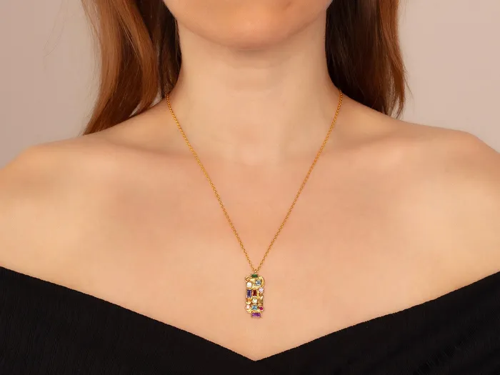 GG GOLD TRAD Necklaces GURHAN Embrace Gold Mixed Stone Pendant Necklace Vertical Rectangle GG GOLD TRAD Necklaces GURHAN Embrace Gold Mixed Stone Pendant Necklace Vertical Rectangle