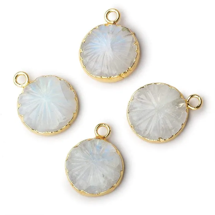 Necklaces Beadsofcambaycom 13mm 22kt Gold Leafed Rainbow Moonstone carved floral coin Pendant 1 focal bead Necklaces Beadsofcambaycom 13mm 22kt Gold Leafed Rainbow Moonstone carved floral coin Pendant 1 focal bead