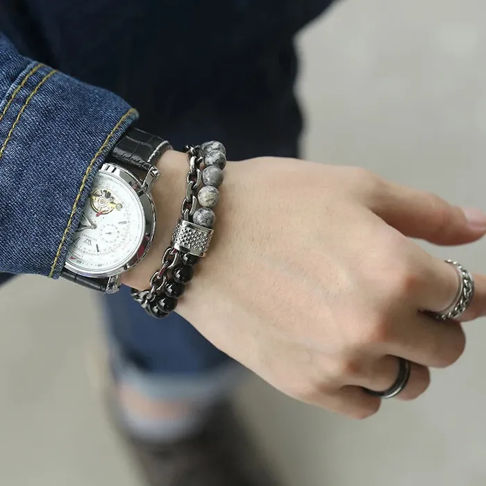 Bracelets Sweet T 52 Natural Map Stone MenWomens Beaded Bracelet Stainless Steel Bracelets Unisex Jewelry Tiger Eyes