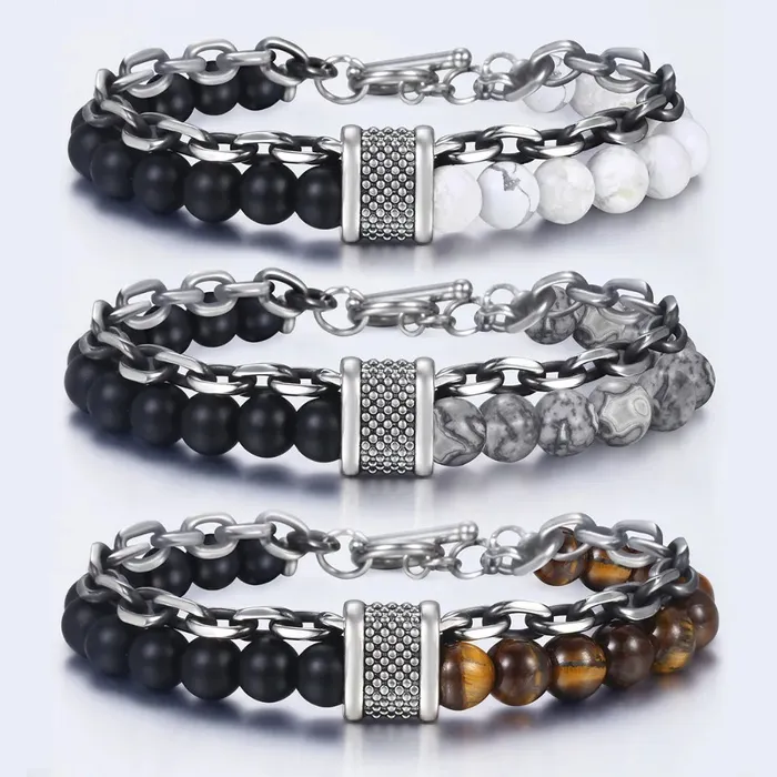 Bracelets Sweet T 52 Natural Map Stone MenWomens Beaded Bracelet Stainless Steel Bracelets Unisex Jewelry Tiger Eyes