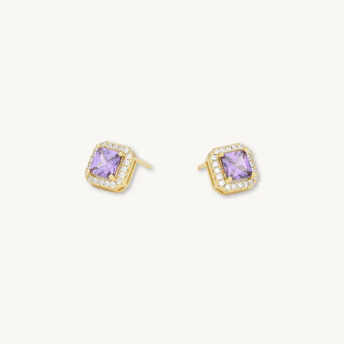 Camile Stone Earrings Purple Square Pave Halo Stud Earrings