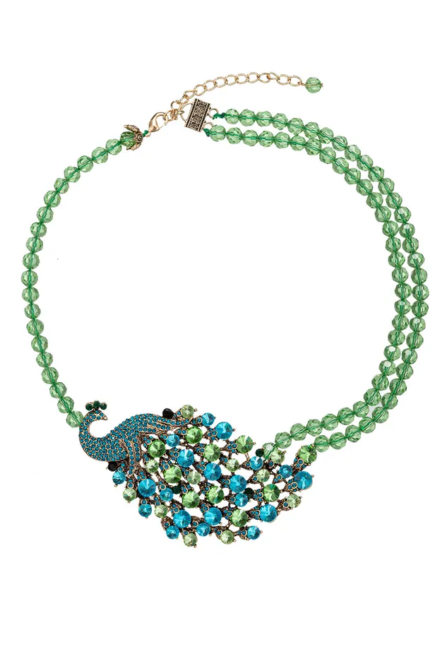 Alessandra Green Peacock Beaded Necklace Eye Candy LA Necklaces