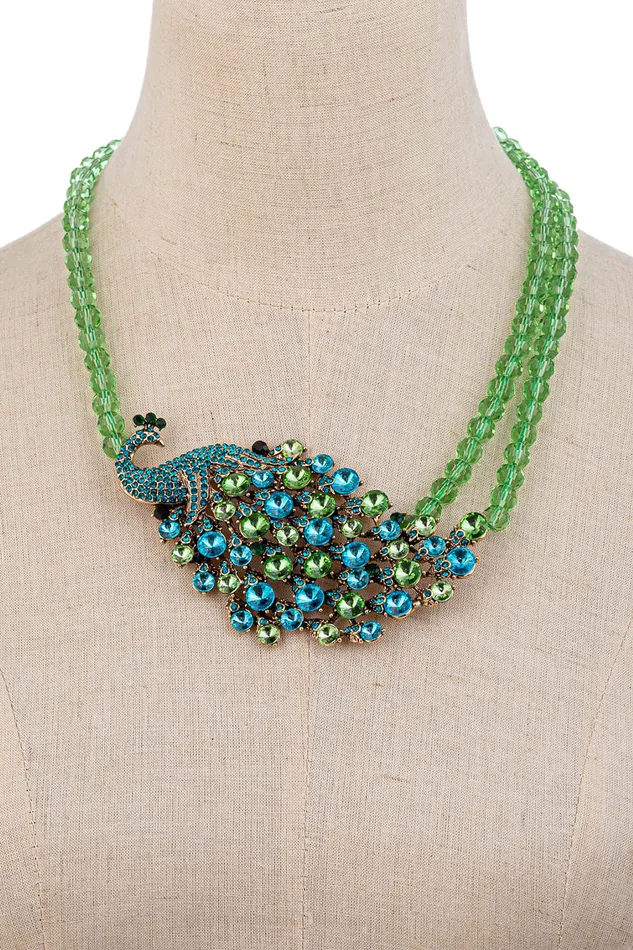 Alessandra Green Peacock Beaded Necklace Eye Candy LA Necklaces